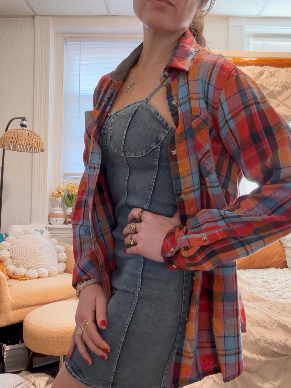Casual Red, Orange & Blue Plaid Boyfriend Button-Up Flannel Shirt | Size S - Picture 4 of 7